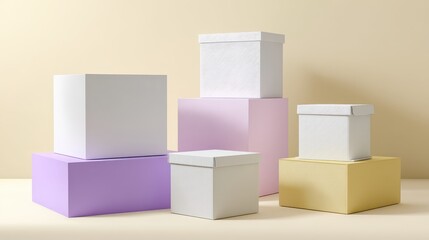 Product Packaging Mockup: A collection of clean, white boxes of varying sizes are artfully arranged on pastel-colored cube platforms against a muted beige background.