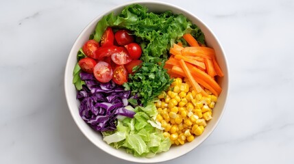 Vibrant Vegetable Salad Bowl: A refreshing and colorful vegetable salad in a white bowl, featuring crisp lettuce, juicy cherry tomatoes, shredded carrots, sweet corn kernels, and vibrant red cabbage.