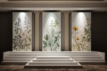 Three botanical watercolor prints displayed on a raised platform between classical columns in a sophisticated room.  Subtle lighting highlights the floral details