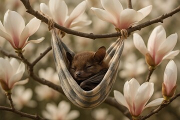 Obraz premium Baby bat sleeping in cloth hammock among magnolias