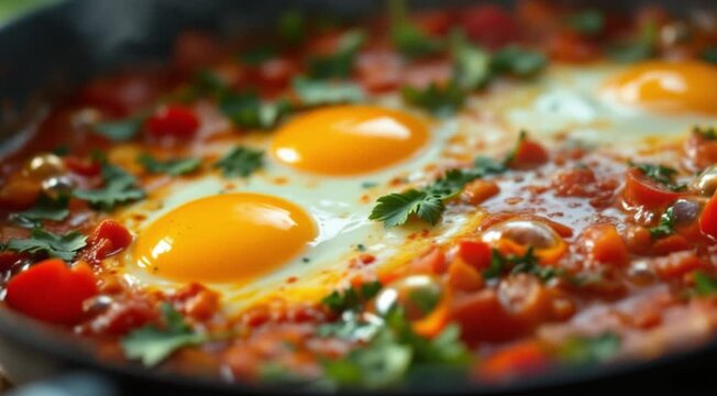 Shakshuka eggs cooking in spicy sauce