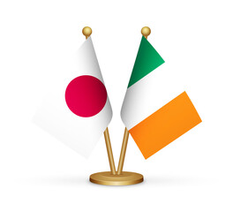 Japan vs Ireland flags mockup 3d illustration. Versus desk flags of Japan and Ireland transparent png