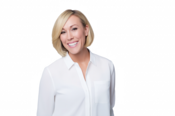 Close-up portrait of a smiling blonde woman in a white button-down shirt on transparent background