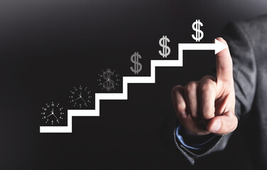 Time is money concept. Clock and dollar on a stairs