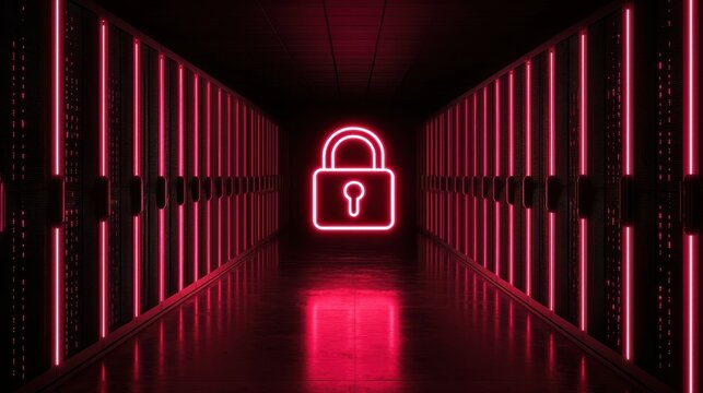 Cyber Security Data Center Neon Padlock Symbol Illuminates Secure Server Room