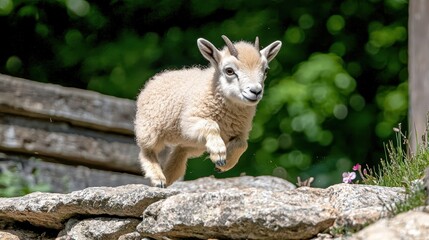 Adorable Young Mountain Goat Kid Leaping Joyfully Over Rocks in Sunny Nature