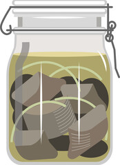 pickled herring with onions in a glass jar, traditional Swedish food at Christmas and Midsummer