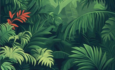 Vibrant tropical jungle background featuring a lush composition of various green palm and monstera leaves. A few red-tinted leaves add contrast to the rich greenery, creating a dynamic, exotic atmosph