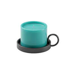 Minimalist turquoise candle in dark grey holder with handle for home decoration