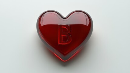 A glossy, red heart-shaped object, with the letter "B" embossed in its center