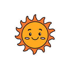 Smiling sun cartoon with orange rays and cute face. Fun and friendly design for educational use.