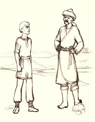 Pencil drawing. Two men engage in battle.