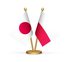 Japan vs Poland flags mockup 3d illustration. Versus desk flags of Japan and Poland transparent png