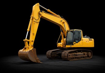 Yellow excavator digger machine isolated against black background. Heavy machinery
