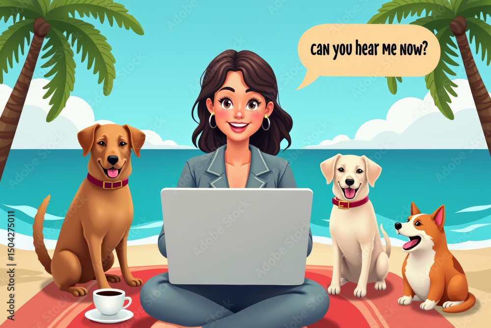 Poster mixing work and play: remote worker's multi-tasking setup with virtual beach background, pets, and c