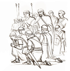 Pencil drawing. Warriors pray to God