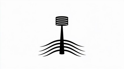 Simple black graphic of a stylized tower with ribbed top and wavy base on a plain background