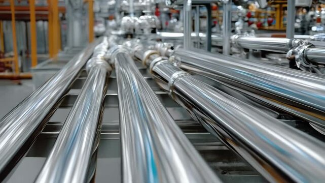 Parallel chrome steel pipes with capped ends arranged in rows within an industrial manufacturing factory, conveying fluids or gases.