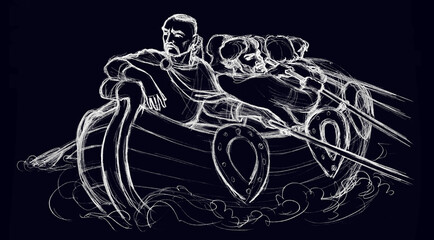 Pencil drawing. Sailors on a boat