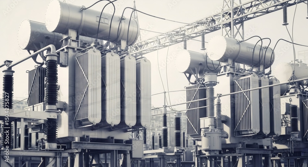 Poster electrical transformers at a substation with large power lines converting high voltage. industrial e