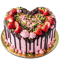 HeartShaped Strawberry Cake with Chocolate Drizzle isolated on transparent background