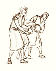 Pencil drawing. The men caught the guy and are leading him