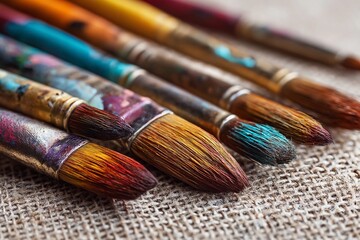 Fototapeta premium Artist's brushes displaying vibrant colors and textures on a textured surface