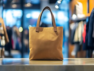 Naklejka premium Luxurious canvas shopping bag mockup, products display presentation in shop.