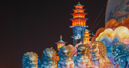 Beijing, China. Zigong Lantern Festival In Beijing. Lighting Composition Of Mythological Story About Moon Goddess Chang'e And Her Rabbits, Who Stole Elixir Of Immortality From Her Husband And Flew © Great Brut Here
