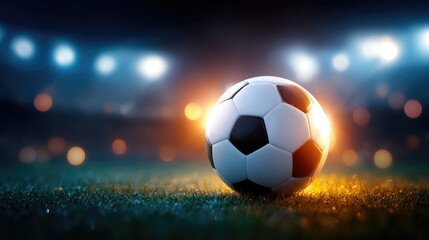 Fototapeta premium Illuminated soccer ball on a field at night.