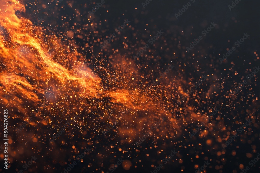 Poster swirling orange and red particles creating dynamic movement in dark background