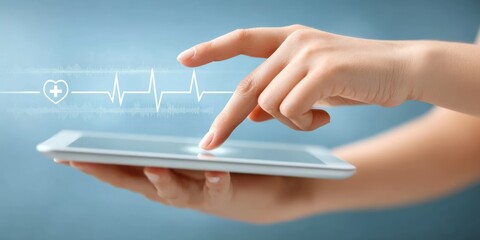 A person uses a tablet with a digital heartbeat graphic, symbolizing health technology and digital healthcare innovation.