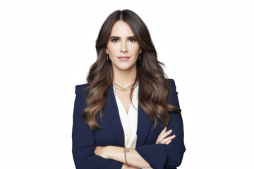Confident woman in dark blue blazer and white blouse with gold jewelry, isolated on transparent background