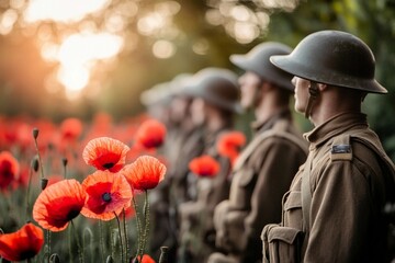 Soldiers stand in formation amidst vibrant poppy flowers at sunset