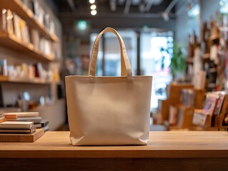 Luxurious canvas shopping bag mockup, products display presentation in shop.