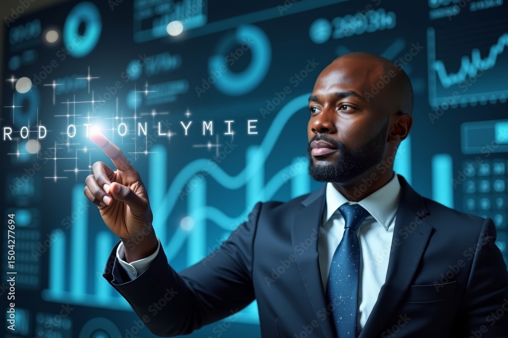 Aufkleber african american businessman utilizing holographic charts and graphs with fingertip precision like a
