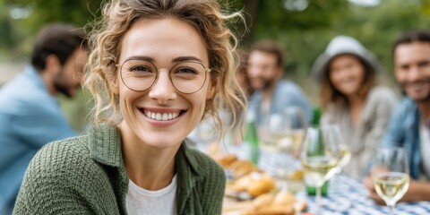A woman with glasses smiles at an outdoor gathering with friends, enjoying food and drinks in a casual, natural setting.