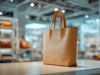 Luxurious canvas shopping bag mockup, products display presentation in shop.