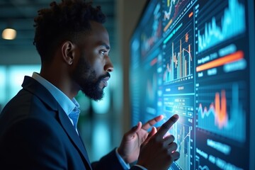 An African American Analyst Utilizes a Holographic Computer to Analyze and Predict Business Trends in Real Time.