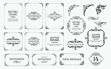 Design elements set, decorative flourish border corner and frame collection for invitation, menu and page decoration