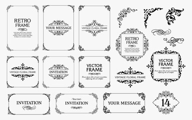 Design elements set, decorative flourish border corner and frame collection for invitation, menu and page decoration