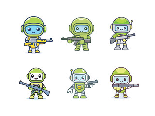 Cute Green Robot Soldier with Gun – Cartoon Vector Character in Kawaii Style with Futuristic Military Armor and Weapon for Kids, Game, and Sci-Fi Illustration