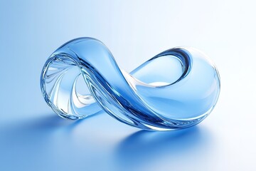 Clear blue glass Mobius strip rests elegantly on a soft blue gradient background