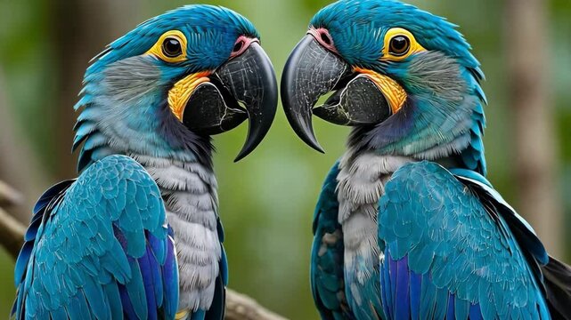 Two vibrant blue hyacinth macaws are perched close together on a branch. Their striking feathers and bright yellow accents are prominent in the lush green background.