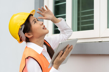 Builder inspection consultancy. Inspector checking material and structure in construction.