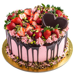 Strawberry Chocolate Drip Cake with Heart isolated on transparent background