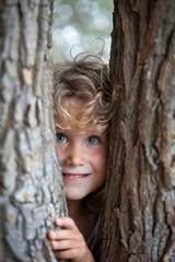 A young child with curly hair hides playfully between two trees, smiling with bright blue eyes. The scene captures the essence of childhood joy in a natural setting