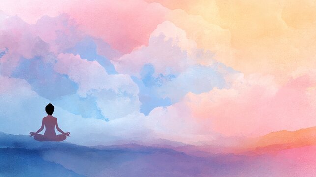 Experience tranquility: Pastel-colored meditation background with a watercolor painting. Women meditate in harmony for International Yoga Day. Ample copy space for postcards and banners."