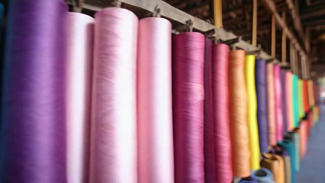 A row of different colored threads hanging on a wall