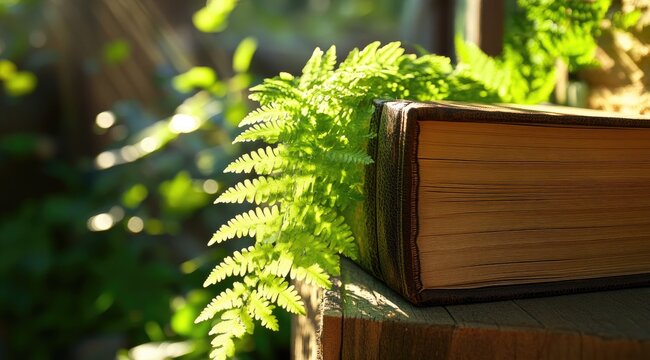 Lush ferns cascade over a wooden book